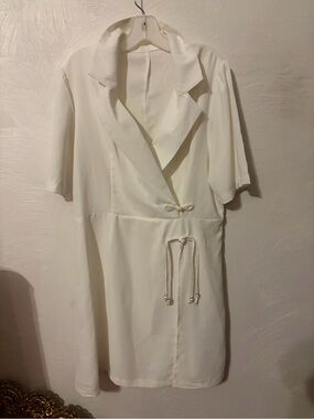 White Short-Sleeve Wrap Dress with Rope Tie